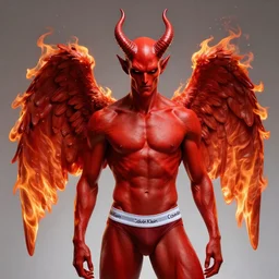 cyborg devil red skin satan horns with angel wings flames and fire calvin klein underwear advertisement photography by david yarrow concept art greg rutkowski