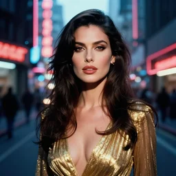 A hyper realistic and detailed head portrait photography of a statuesque brunette wearing a gold shimmering dress on a futuristic street. by Annie Leibovitz. Neo noir style. Cinematic. neon lights glow in the background. Cinestill 800T film. Lens flare. Helios 44m
