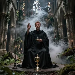 dark zuckerberg performing the dark sacrament in the ruins of an old cathedral, vegetation, smoke, steam, dramatic low lighting, ominous, cinestill 8 0 0 t