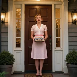 symmetrical, scarlett johansson at the front door trying to sell you girl scout cookies, 1 9 4 0 s, hyperrealism, realistic lighting