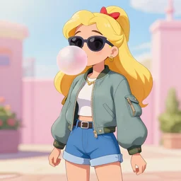 Princess Daisy wearing sunglasses, an aviator jacket and jorts, blowing bubblegum, art by Ross Tran