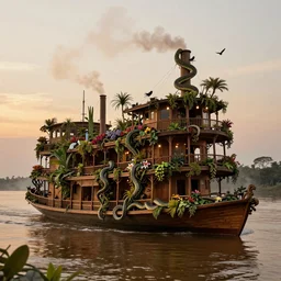 A wooden, beautiful 1880's steamboat overgrown with intricate vines, flowers, snakes, anacondas and exotic vegetation floating down on the Amazon river. Faint lights from inside the ship. Steam. Birds circulating. The boat looks like an island. Ecosystem. Photo by Stanley Kubrick. Photorealistic. Sunset. Volumetric lights. Mist. hyper-maximalistic, with high detail, cinematic, 8k resolution, beautiful detail, insanely complex details.