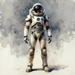 male, full body, wide shot, modern space suit, intriguing helmet, stylized character design, the expanse tv series, large shoulders, short torso, long thin legs, tiny feet, science fiction, hyperdetailed, technical suit, dieselpunk, watercolor digital painting, in the style of bruce timm, by alex maleev