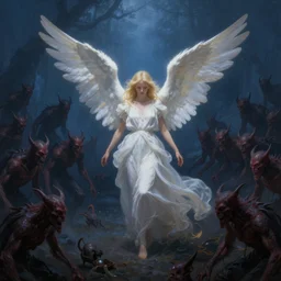 a blonde angel with long white dress and dramatic light in the middle of a dark blue valley filled with hundreds of demons, romantic painting, 8 k, artstation, wide angle