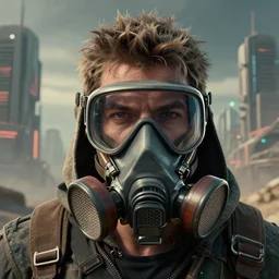 retrofuturistic portrait of a wasteland scavenger, respirator on bottom half of face, dystopian city graphics in background, close up, quint buchholz, wlop, dan mumford, artgerm, liam brazier, peter mohrbacher, raw, featured on artstation, octane render, cinematic, gritty, intricate, 8 k