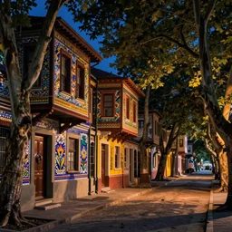 tree-lined street at midnight in a very old very beautiful city by Nicholas Roerich and  Rudolf Ernst,  colorful tiled architecture, strong dramatic cinematic lighting, lost civilizations, smooth, sharp focus, extremely detailed