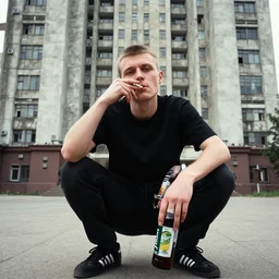 photo of a young russian gopnik squatting wearing adidas with a cigarette in his mouth holding a bottle, brutalist soviet background, realistic, selfie, 2 k, 4 k, 8 k