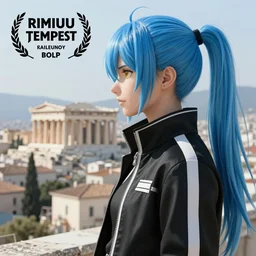 side profile of rimuru tempest with sky blue hair, long hair in a ponytail, gold eyes, black jacket with white stripes and a high collar | highly detailed, matte, greek city, professional digital art, concept art, award - winning photography, cinematic, wlop | art by pixiv art, ilya kuvshinov, greg rutkowski, yoshitaka amano
