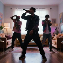millennial hipsters rapping in living room, epic pose, silhouetted, distinct, psychedelic hip-hop, outrun, 4k