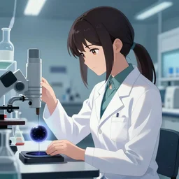 an anime concept art of a beautiful young female scientist in a laboratory making experiments on a small black hole, style by jordan grimmer and greg rutkowski, side view, ponytail, elegant, sharp focus, morandi color scheme, illustration, high quality, highly detailed, digital art, 4 k wallpaper, hyperrealism