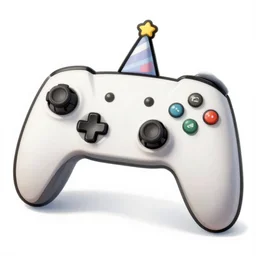 Digital drawing of a controller with a cartoon face and a birthday hat, white backgound