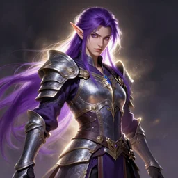 a majestic elf warrior + purple hair + backlit, strong rim light, highly detailed, digital painting, by Alvaro Castagnet + Peter Mohrbacher + Dan Mumford + vivid colors + high contrast, 8k resolution, intricate, photorealistic, smooth