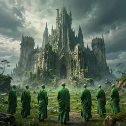 a group of green monks and a beautiful, vast, photo - realistic, surreal, and mysterious sci - fi castle outside under the sky. trending on gothic art.