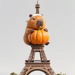 capybara, akira style, wearing a headband, eating a pumpkin on top of the eiffel tower