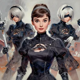 a gouache painting in the style of nier automata, by hikari shimoda, ilya kuvshinov, yoshitaka amano, by shaun tan, by good smile company, a detailed 3 d render of audrey hepburn, portrait, cgsociety, artstation, a modular costume and headpiece, action adventure
