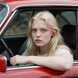 dof, photorealistic portrait of a beautiful aesthetic pale woman by saul leiter, in a red car