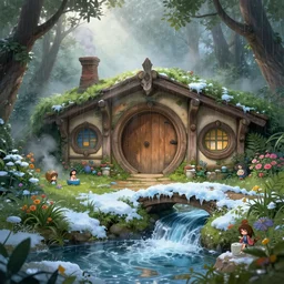 inside a medieval hobbit home, ornate, beautiful, atmosphere, vibe, mist, smoke, chimney, rain, wet, pristine, puddles, waterfall, melting, snow, creek, lush, ice, bridge, forest, flowers, concept art illustration, color page, 4 k, tone mapping, doll, akihiko yoshida, james jean, andrei riabovitchev, marc simonetti, yoshitaka amano, digital illustration, greg rutowski, volumetric lighting, sunbeams, particles, trending on artstation
