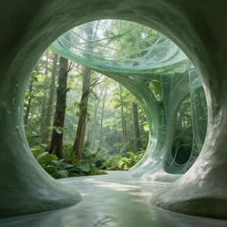 S 2879827023 Hyper realistic,interior design,organic form,plaster, green,transparency, view of forest,Future design,architecture design,parametric architecture,covers by textile,environment,morning light,Cinematography,mega scans,cinematic,hyper realistic,photo real,cinematic composition,highly detailed,vray,8k render, extremely realistic