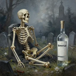 skeleton dreaming of life , graveyard background , botte of vodka , artstation painting by greg rutkowski