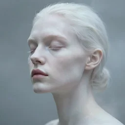 dof, photorealistic portrait of a beautiful aesthetic pale woman by andrei tarkovsky, translucent white skin, closed eyes, foggy