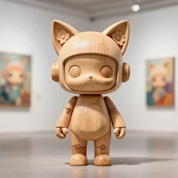 8 k octan, advertising, highly detailed, photo, a totally wooden figurine collectible art toys wooden on feet, very cute minimalist cyborg zen with and flowers cat ears, cyberpunk a contemporary art gallery, symetrical, masterpiece, nofinito, design, marvel