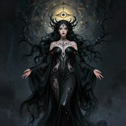 a beautiful depiction of the goddess Lilith, mystical third eye, dressed in flowing black clothing, black fractal filigree, by James Jean and Dan Seagrave, occult, stunning, psychedelia