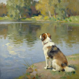 A dog watching the water on a pond, painting by William Merritt Chase.