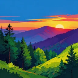 banner of a beautiful landscape with trees and mountains, sunset in the background, flowing art, sharp edge lines, complementary coloration, blue, green, red, purple, yellow