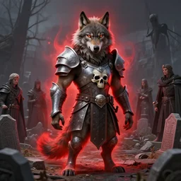 anthropomorphic wolf, skull armor, cementary scenery, fantasy 3 d render, masterpiece, red aura, by donato giancola and greg rutkowski and wayne barlow and zdzisław beksinski, realistic face