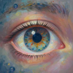 hyper realistic atomic dream, inside a dreamscape, extremely large eyes, background painted by greg rutkowski, artgerm, soft lighting, analogous colors,