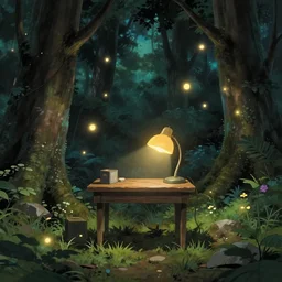 A small desk with desklamp in the middle of a forest, floating lights, magical, byStudio Ghibli