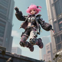 clown robot ghost in the shell girl pink hair jump from a building, tears from the eyes, wearing cyberpunk intricate streetwear, beautiful, detailed portrait, intricate complexity, ilya kuvshinov, cell shaded, 4 k, concept art, by wlop, ilya kuvshinov, greg rutkowski