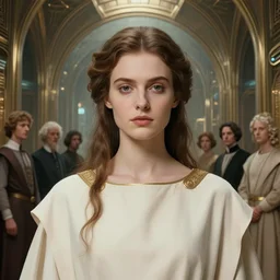 closeup portrait of beautiful aristocrat wearing minimalist byzantine outfit inside bronze art deco arcology, science fiction concept art by j. c. leyendecker, greg rutkowski, deak ferrand, anato finnstark, yoshitaka amano, and rembrandt