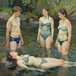 by erin hanson eclectic, ornate. the body art of four bathers in a stream or river, with two men & two women. the bathers are shown in different positions, with one woman lying down & the other three standing. the body art has a very naturalistic style, with trademark use of bold colors & brushstrokes. the overall effect is one of a peaceful scene, with the bathers enjoying the refreshing water.