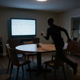 headless manequim chasing me around a round dinner table in the basement, there is a tv with static illuminating the room