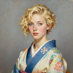 stunning, breathtaking, awe - inspiring award - winning portrait painting by steve mccurry of a beautiful young blonde woman with short, curly hair, wearing a colorful yukata