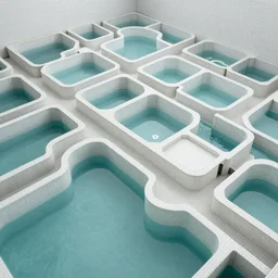 an expansive complex of interconnected rooms and corridors slightly submerged in undulating, lukewarm water. Each area of the level varies greatly in size and structure, ranging from uniform pools and hallways to more open, abnormally-shaped areas. The walls, ceilings, and floors of the level all appear to be constructed from the same white ceramic tile, with the only deviation from this color being the blue-green hue of the water