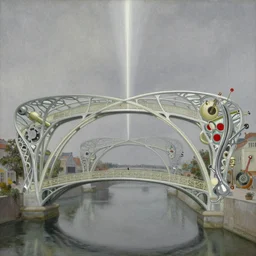 breathtaking detailed painting of intricate bridges on a crystal grey sky, entertwined curved light bridges in canals, art nouveau music instruments and a red spot, a white ray from above, rembrandt style, elegant, highly detailed, artstation, concept art, matte, sharp focus, art by tom bagshaw, and greg rutkowski
