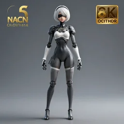 CAD render of a realistic android companion modeled after 2B from Nier Automata and with slender feminine body type, solidworks, catia, autodesk inventor, unreal engine, gynoid cad design inspired by Masamune Shirow and Nier Automata and Ross Tran, product showcase, octane render 8k