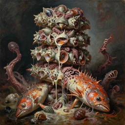oil painting nightmare macerated epic tiered mollusks transports against pinioned melted rolling structures of vivisected panulirus ornatus discarded horrors and grotesques mid action, throwing, cinematic, fine art, ornate masterpiece, hyper detailed by vincent di fate