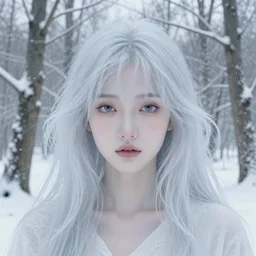 realistic detailed face portrait of a ethereal ghostly fairy tale Snow Witch among the bare winter trees by Alphonse Mucha, Ayami Kojima, Amano, Charlie Bowater, Karol Bak, Greg Hildebrandt, Jean Delville, and Mark Brooks, Art Nouveau, Neo-Gothic, gothic, rich deep moody colors