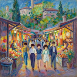 turkish marketplace, fantastic characters in the scene, epic scene, lofi vibe, colorful, vivide colors, amazing light, really beautiful nature, oil painting, by jeremy lipkin, by claude monet, by makoto shinkai, kandinsky touches, multiple brush strokes, inspired by ghibli, masterpiece, beautiful