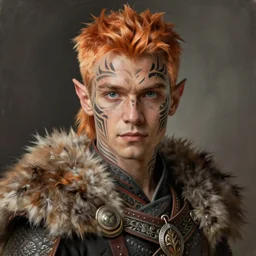 portrait painting of an elven young man with short light orange hair and tribal tattoos on his face wearing fur armor, sharp focus, award - winning, trending on artstation, masterpiece, highly detailed, intricate. art by seb mckinnon