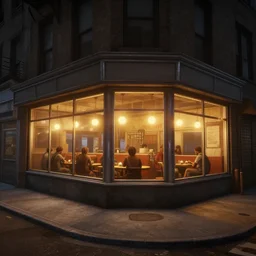 eye - level view looking down at a street in new york city in the 1 9 2 0 s with a corner diner with glass windows with patrons inside, warm glow of light emits from restaurant, in the style of fallout 4 game,