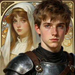 picture of a teenage male warrior and a female priestess, highly detailed, detailed face, smooth, sharp focus, chiaroscuro, digital painting, artgerm, greg rutkowski, alphonse mucha, young adult novel cover art