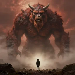 a huge monster gigantic emerging from a thick mist facing a little silhouette human looking up, brown red atmosphere, insanely beautiful and highly detailed concept art, ultrafine highly detailed hyper colorful illustration, sharp focus, rozalski, craig mullins, federico pelat, unreal engine highly rendered, global illumination, radiant light, intricate and detailed environment, for a movie film still by terrence malick