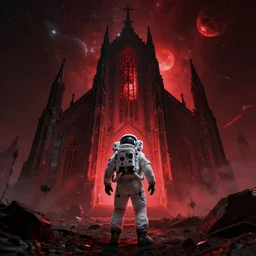 dark grunge style design of an astronaut looking up at the front of an eerie cathedral on a dystopian planet, volumetric red lighting