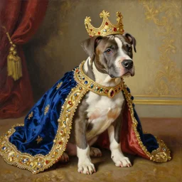 the royal king's pitbull puppy by greg hildebrant lisa frank fancy rococo baroque regal oil painting high quality award winning clothed in fancy garb