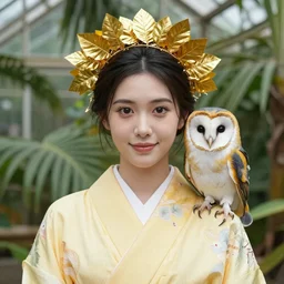 portrait photograph of an extremely beautiful!!!! young female , symmetric face!, symmetric round detailed eyes!!, slight smile, natural light, wearing a yellow kimono!! with a very detailed barn owl! on her shoulder in a tropical greenhouse. looking at the camera!!. golden crown made of golden leaves. super resolution. Extremely detailed. by Gerald Brom