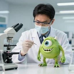 scientist creating a small green monster, high quality